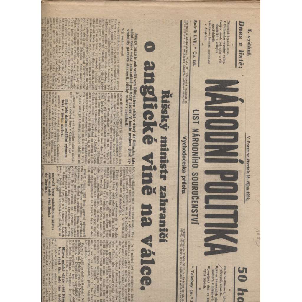 Národní politika (26.10.1939) - Protektorát, staré noviny (není kompletní