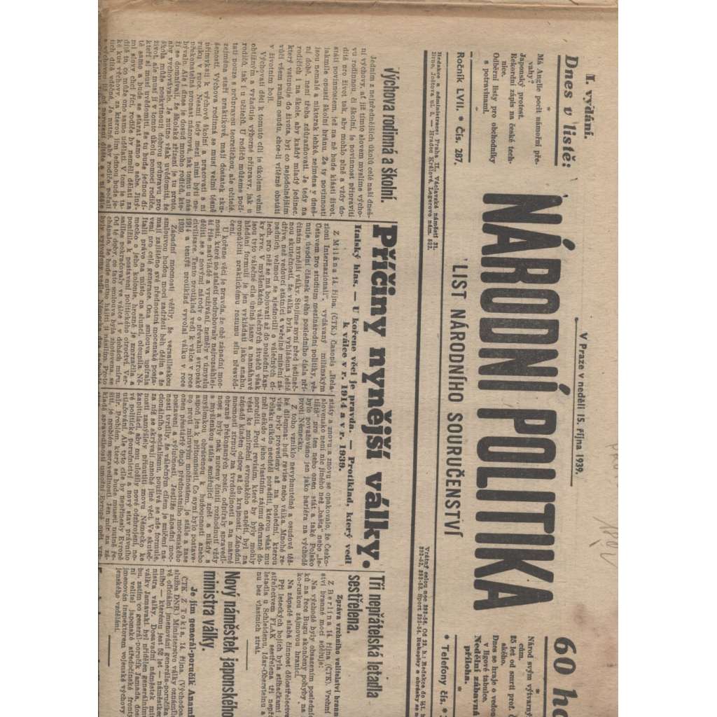 Národní politika (15.10.1939) - Protektorát, staré noviny (není kompletní