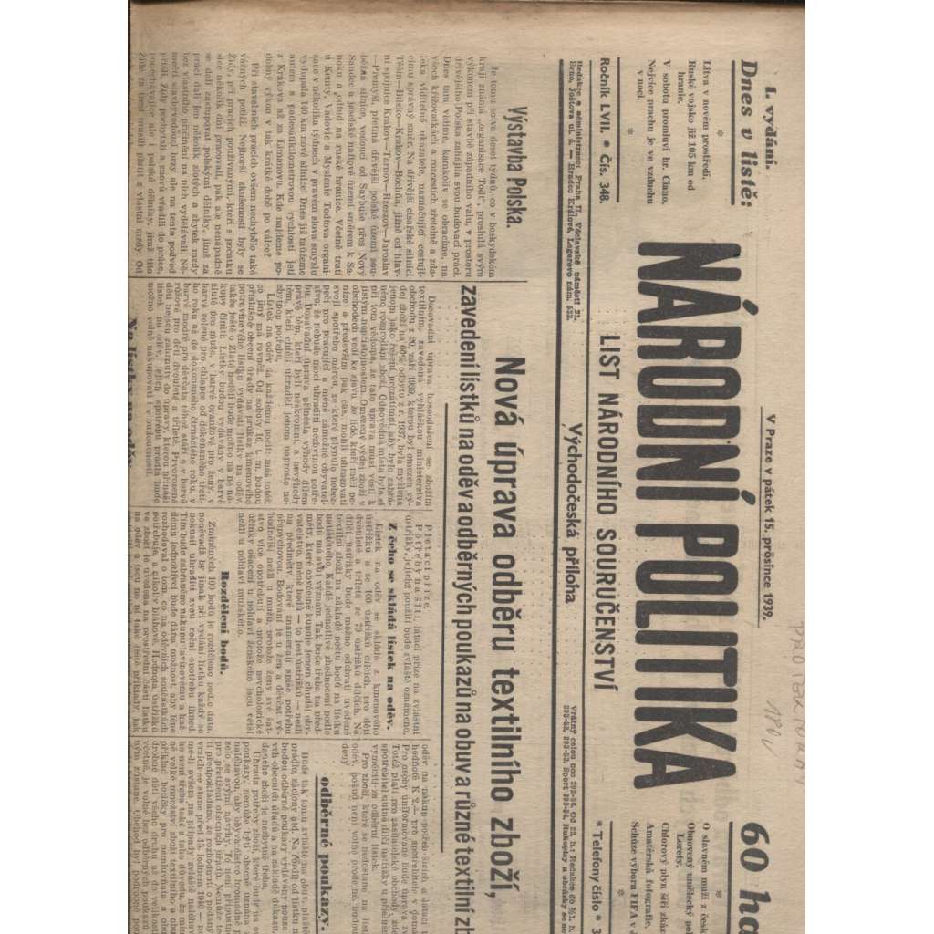 Národní politika (15.12.1939) - Protektorát, staré noviny (není kompletní)