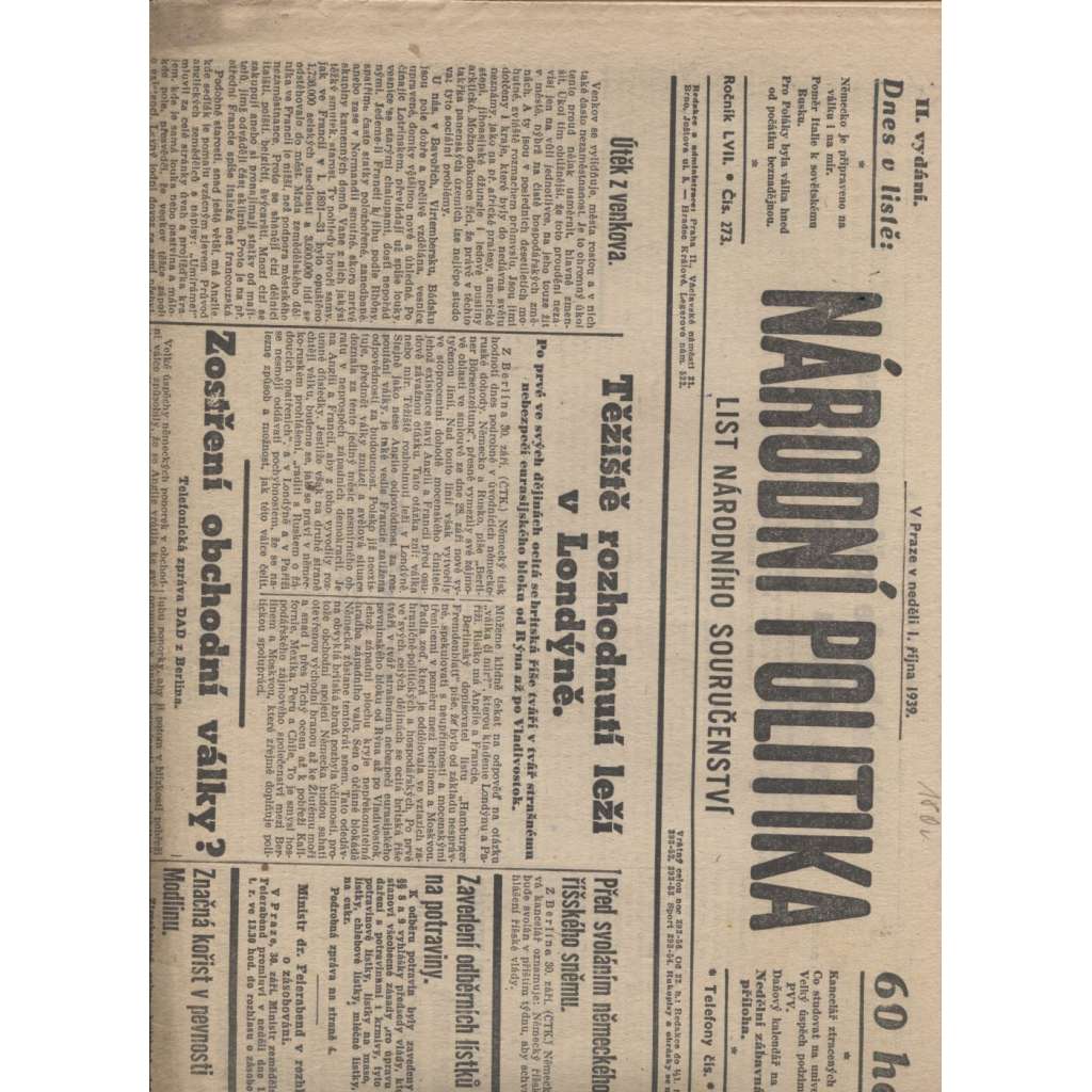 Národní politika (1.10.1939) - Protektorát, noviny (není kompletní)
