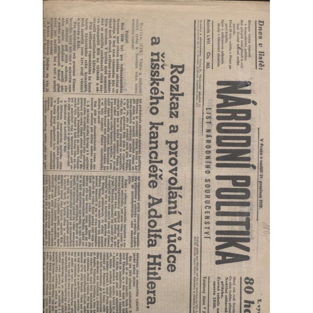 Národní politika (31.12.1939) - Protektorát, noviny (není kompletní)