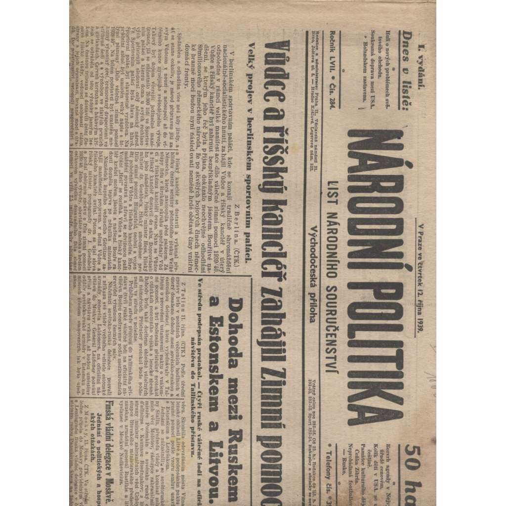 Národní politika (12.10.1939) - Protektorát, staré noviny (není kompletní)