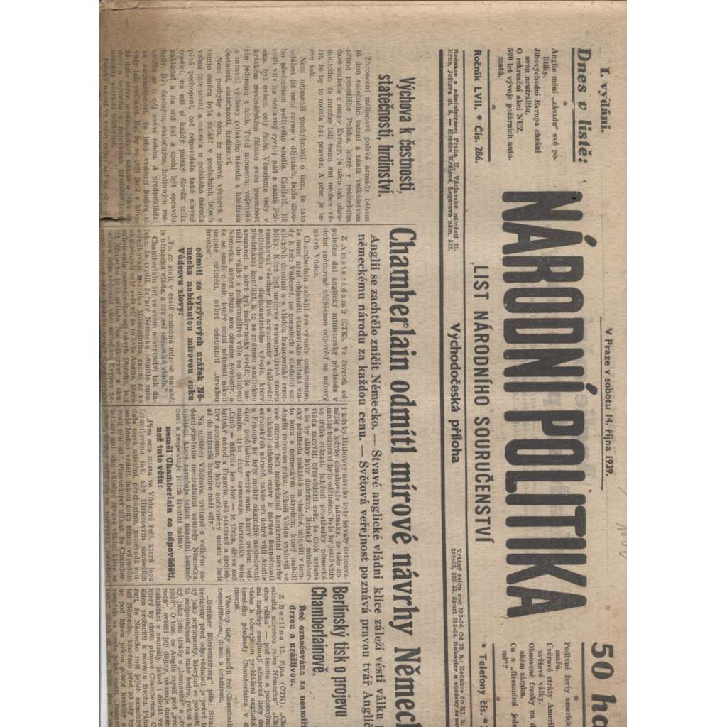 Národní politika (14.10.1939) - Protektorát, staré noviny (není kompletní)