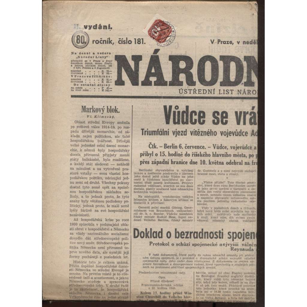 Národní listy (7.7.1940)  - Protektorát, staré noviny
