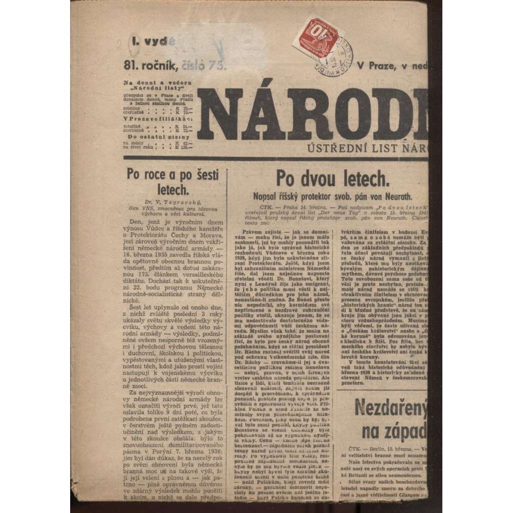 Národní listy (16.3.1941)  - Protektorát, staré noviny