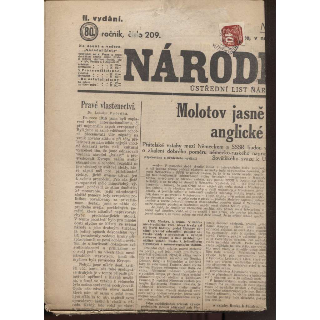 Národní listy (4.8.1940)  - Protektorát, staré noviny