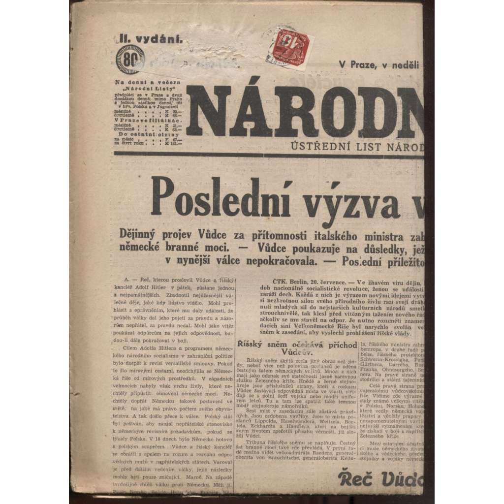 Národní listy (21.7.1940)  - Protektorát, staré noviny