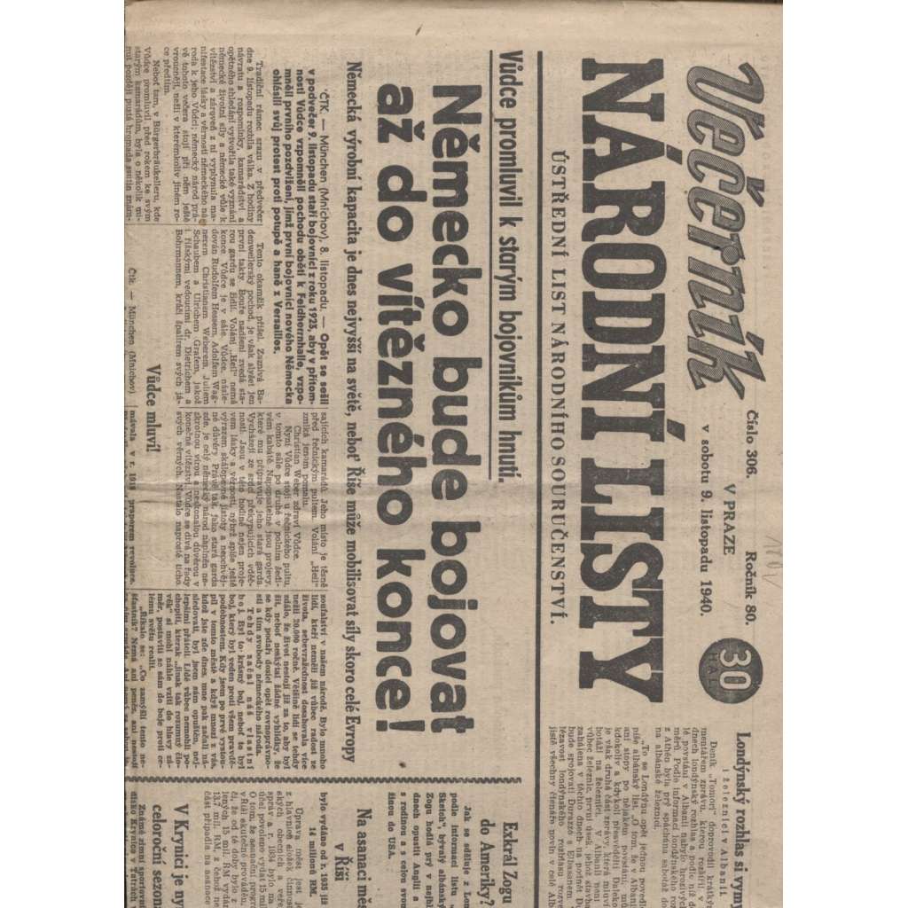 Večerník Národní listy (9.11.1940) - Protektorát, staré noviny
