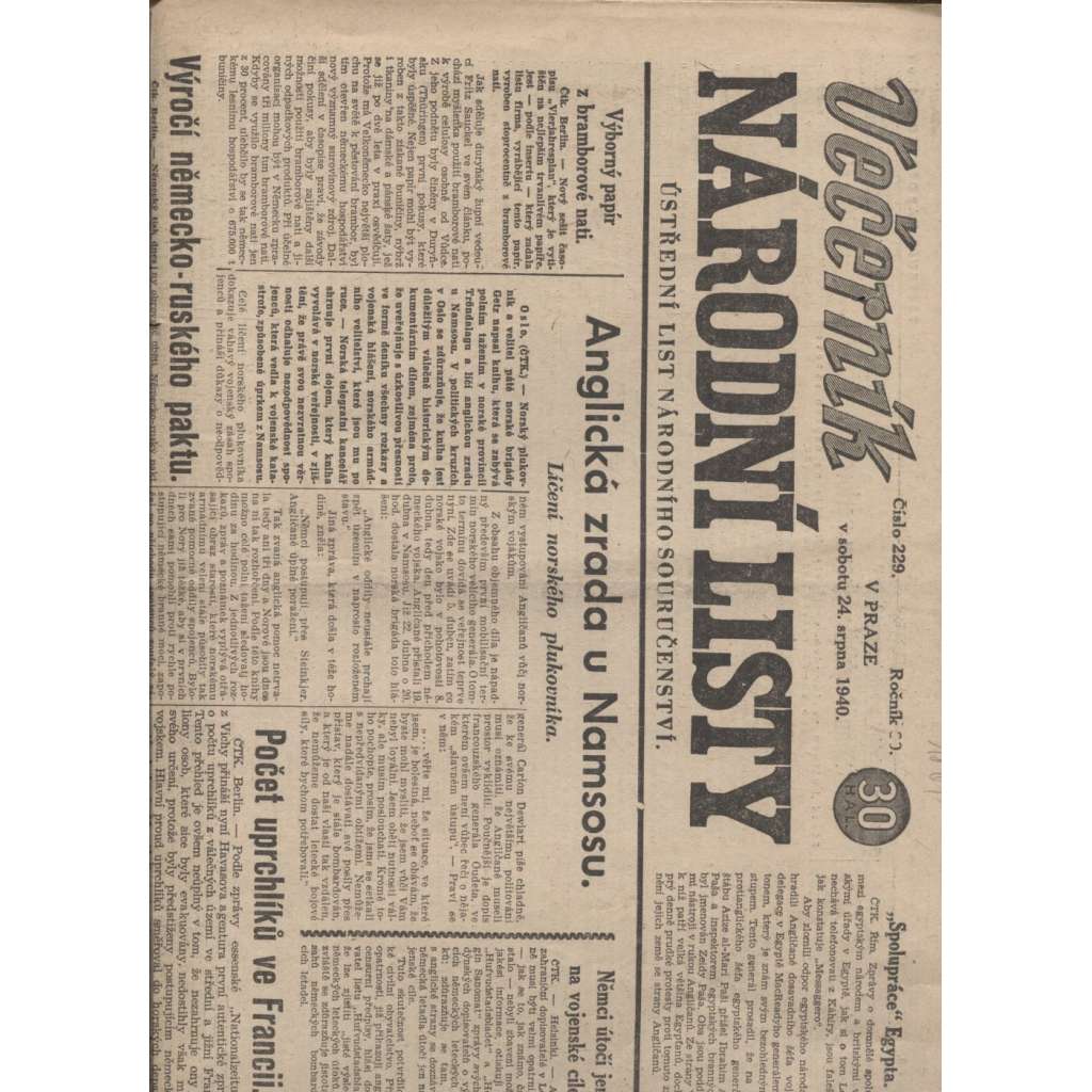 Večerník Národní listy (24.8.1940) - Protektorát, staré noviny