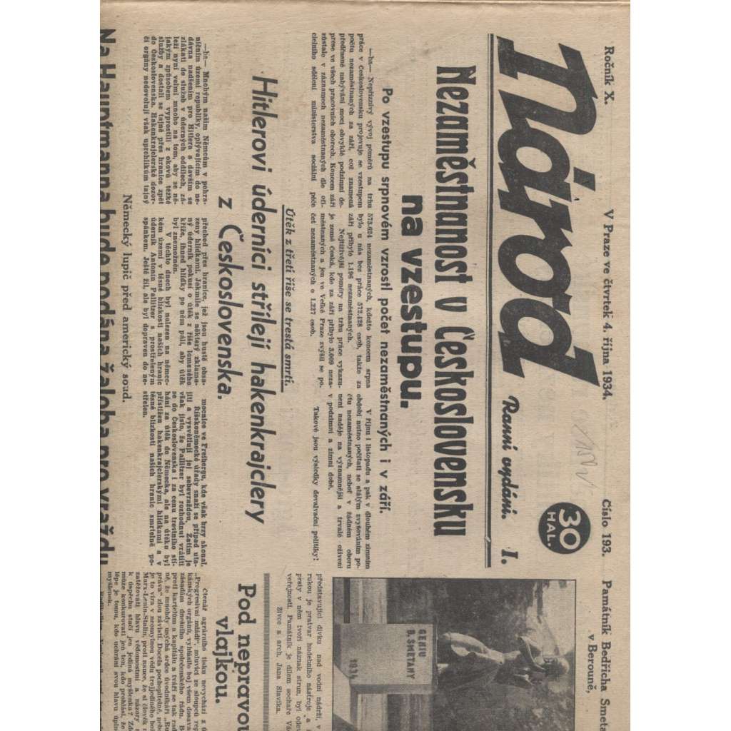Národ (4.10.1934) - staré noviny 1. republika