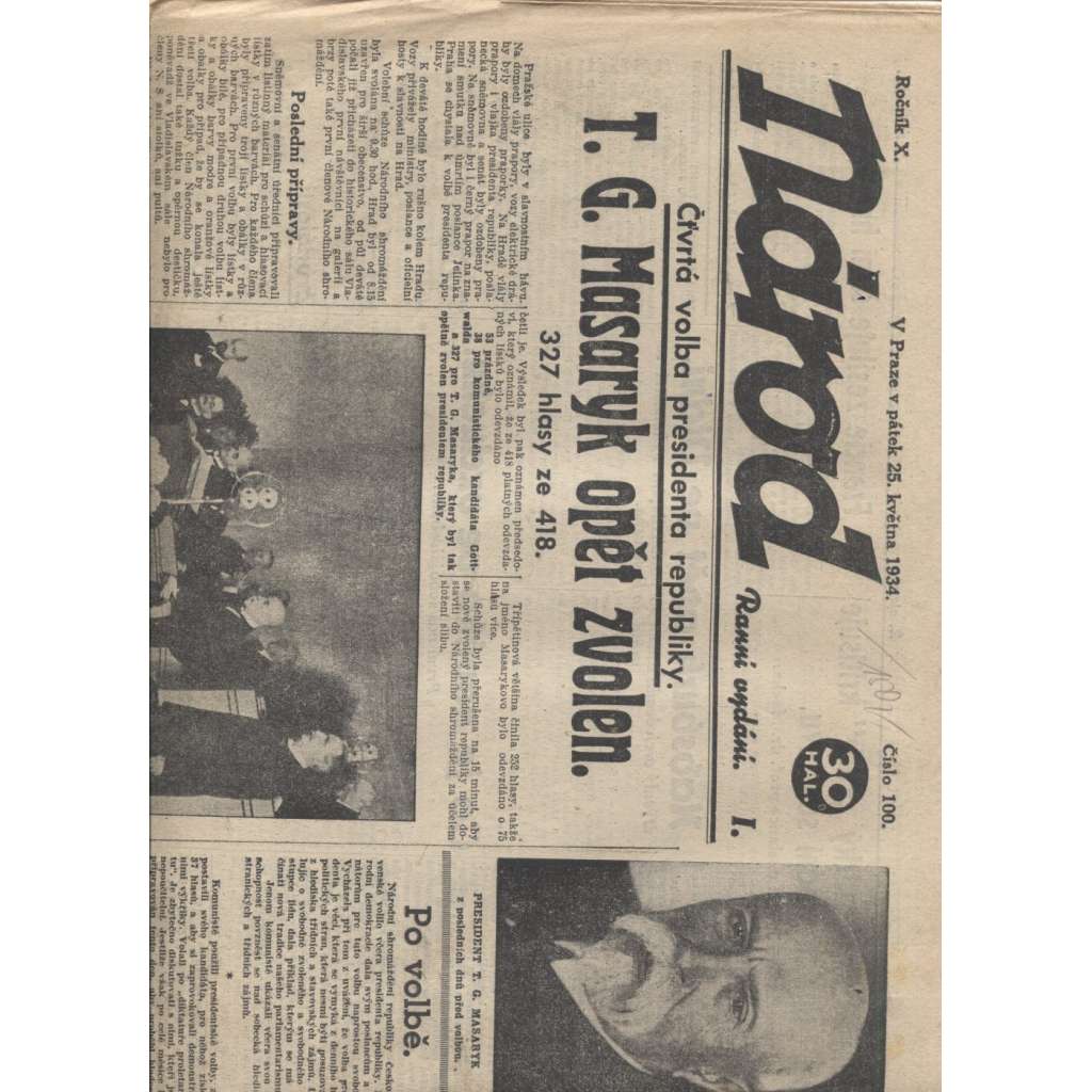 Národ (25.5.1934) - staré noviny 1. republika (T. G. Masaryk)