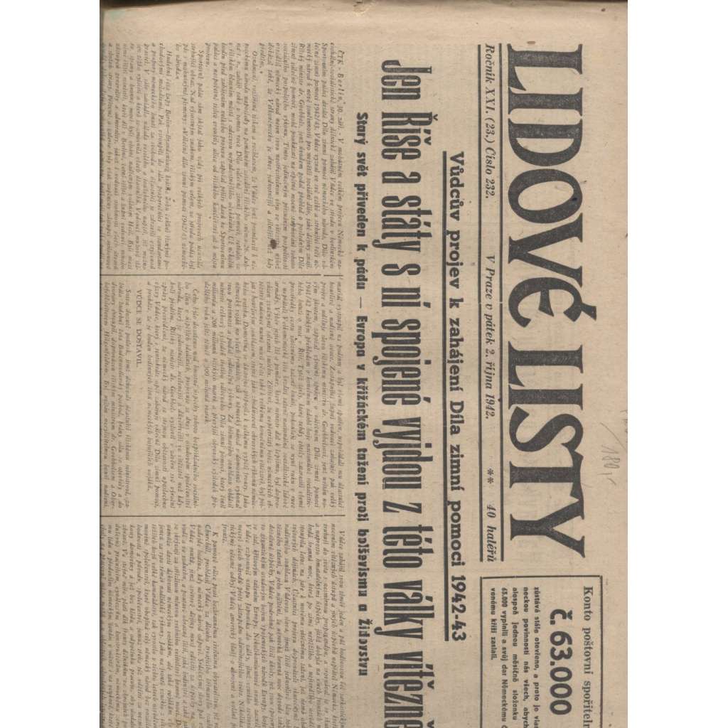 Lidové listy (2.10.1942) - Protektorát, staré noviny