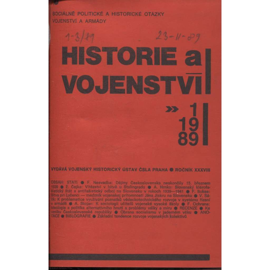 Historie a vojenství, ročník XXXVIII., číslo 1.- 3./1989 (3 v 1)