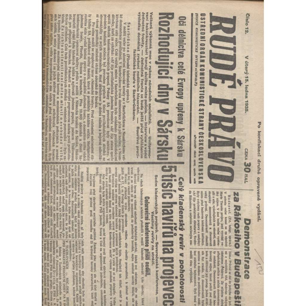 Rudé právo (15.1.1935) - 1. republika, staré noviny