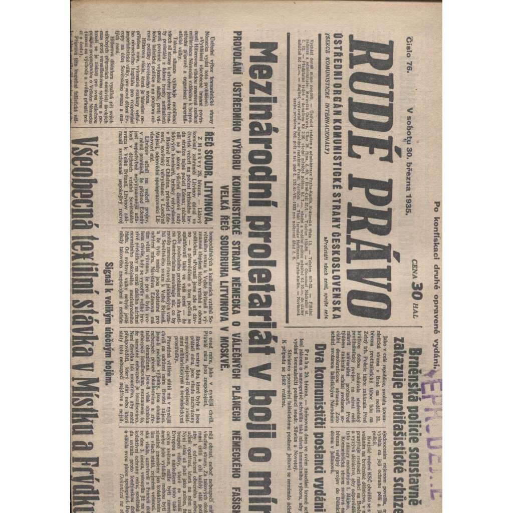 Rudé právo (30.3.1935) - 1. republika, staré noviny