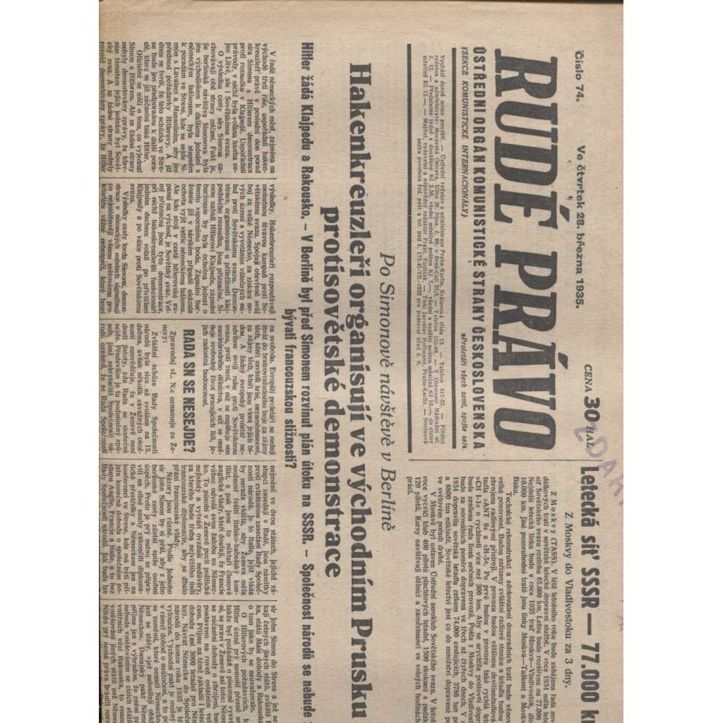 Rudé právo (28.3.1935) - 1. republika, staré noviny