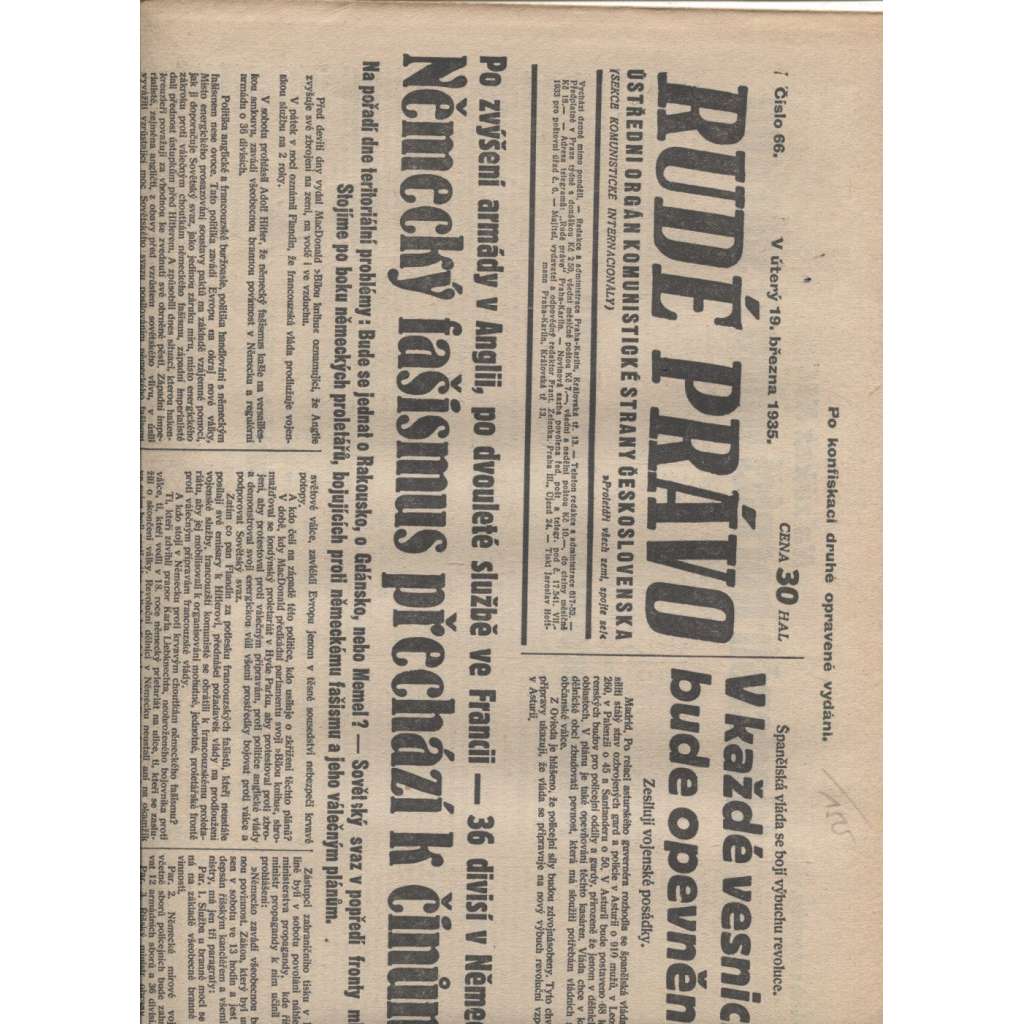 Rudé právo (19.3.1935) - 1. republika, staré noviny