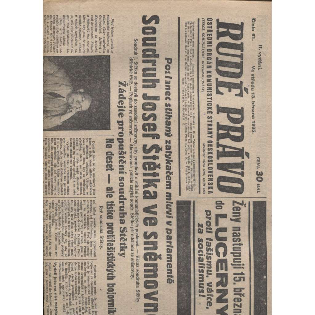 Rudé právo (13.3.1935) - 1. republika, staré noviny