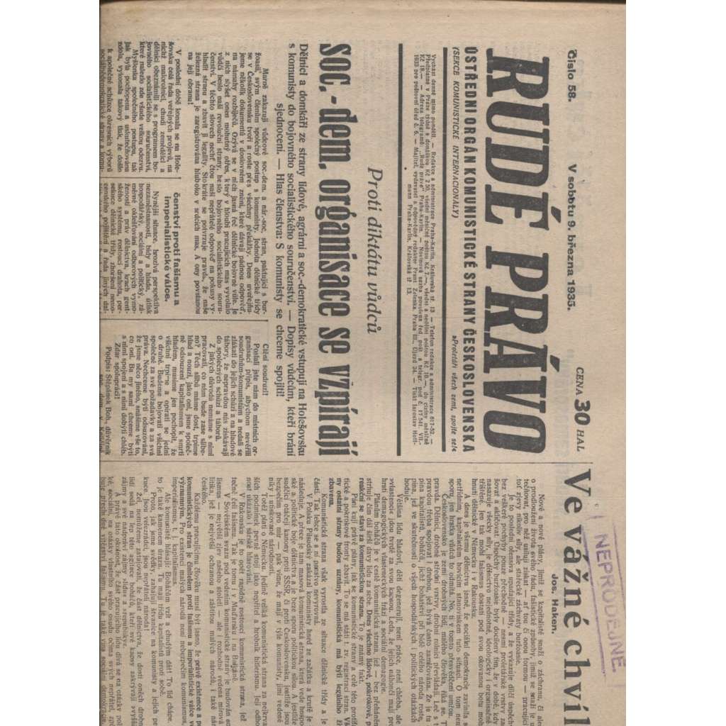 Rudé právo (9.3.1935) - 1. republika, staré noviny