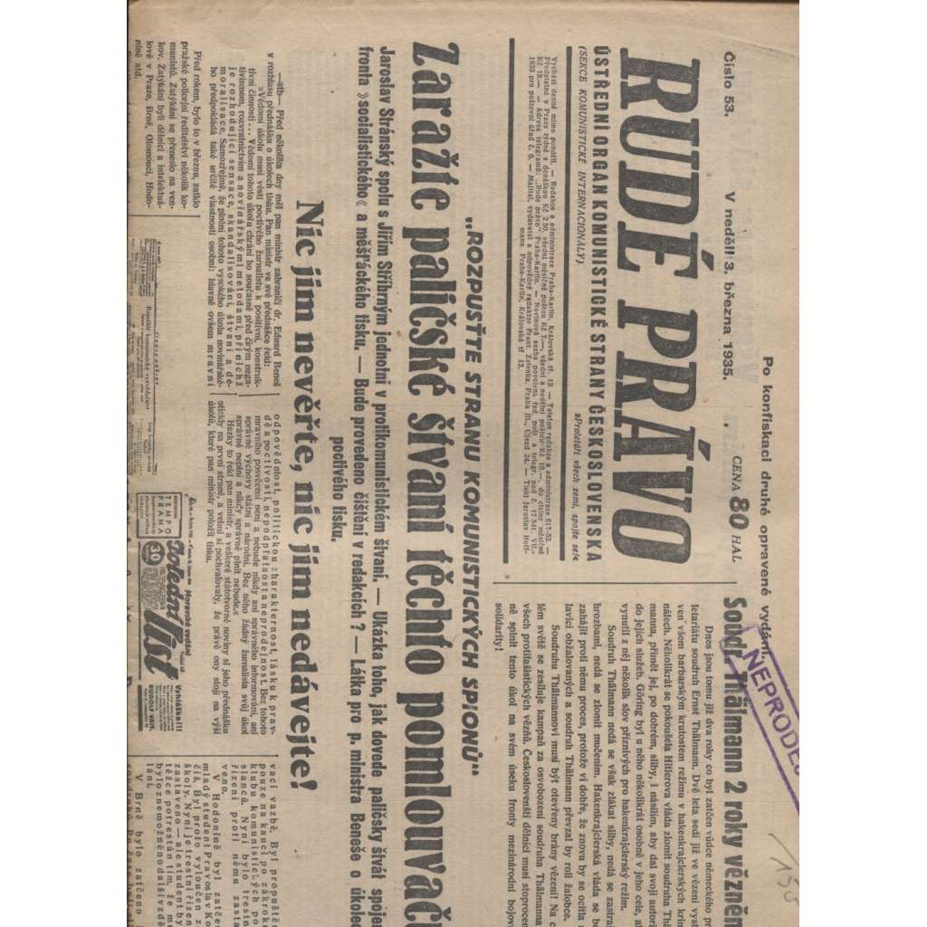 Rudé právo (3.3.1935) - 1. republika, staré noviny