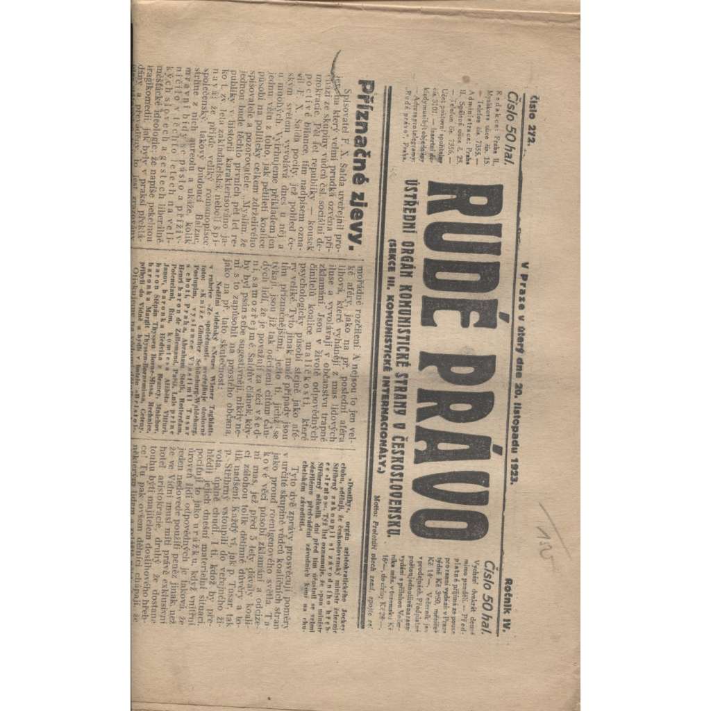 Rudé právo (20.11.1923)  - 1. republika, staré noviny