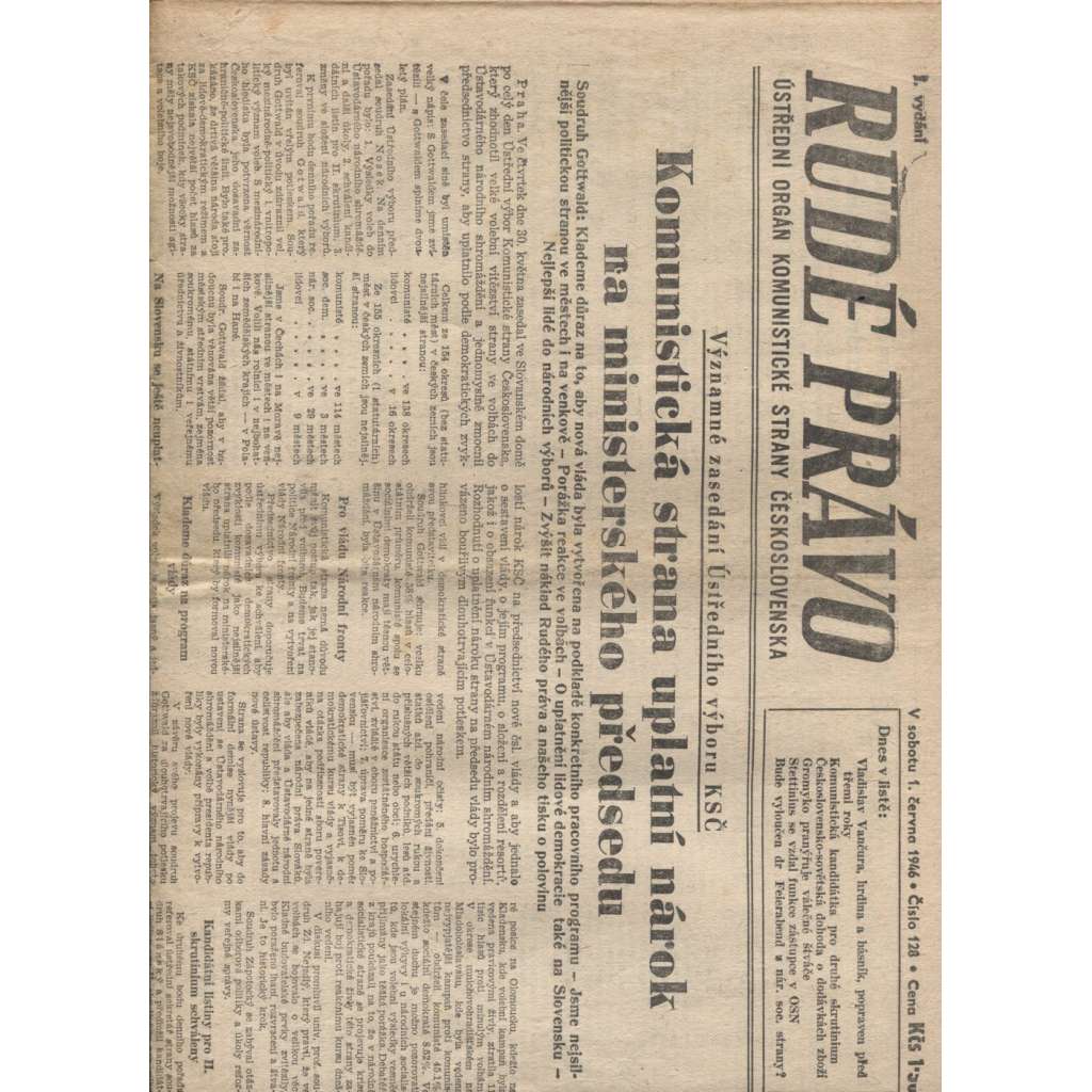Rudé právo (1.6.1946) - staré noviny