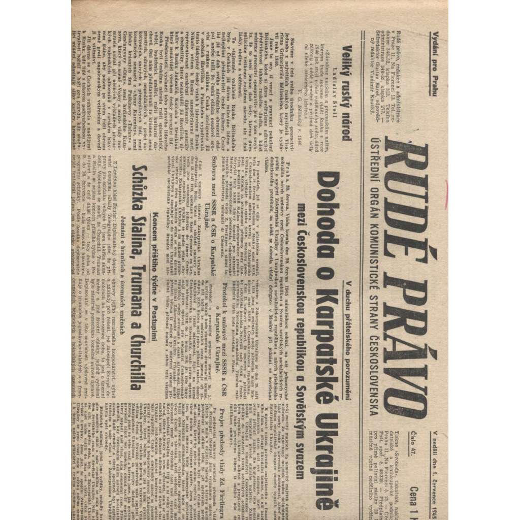 Rudé právo (1.7.1945) - staré noviny