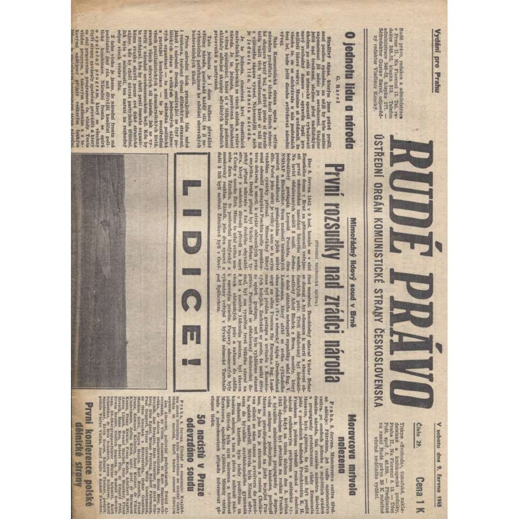Rudé právo (9.6.1945) - staré noviny