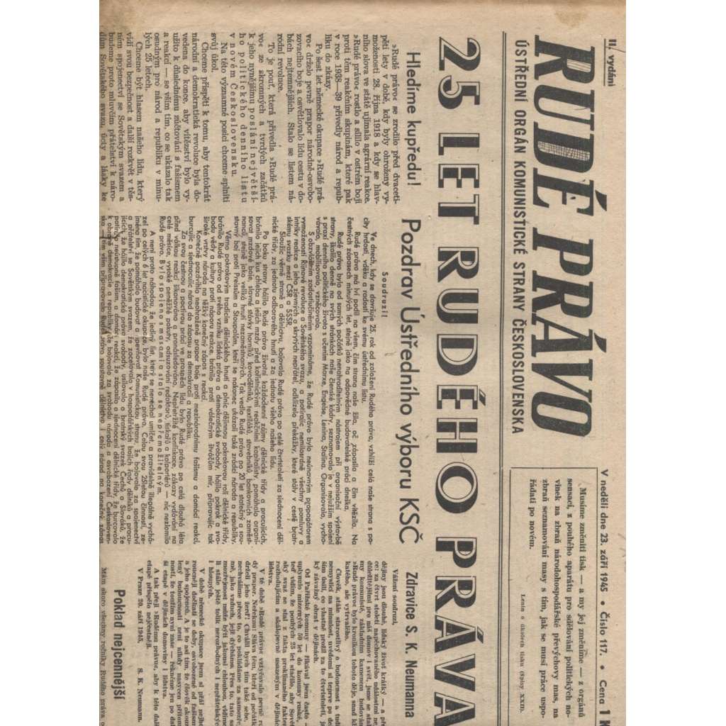 Rudé právo (23.9.1945) - staré noviny
