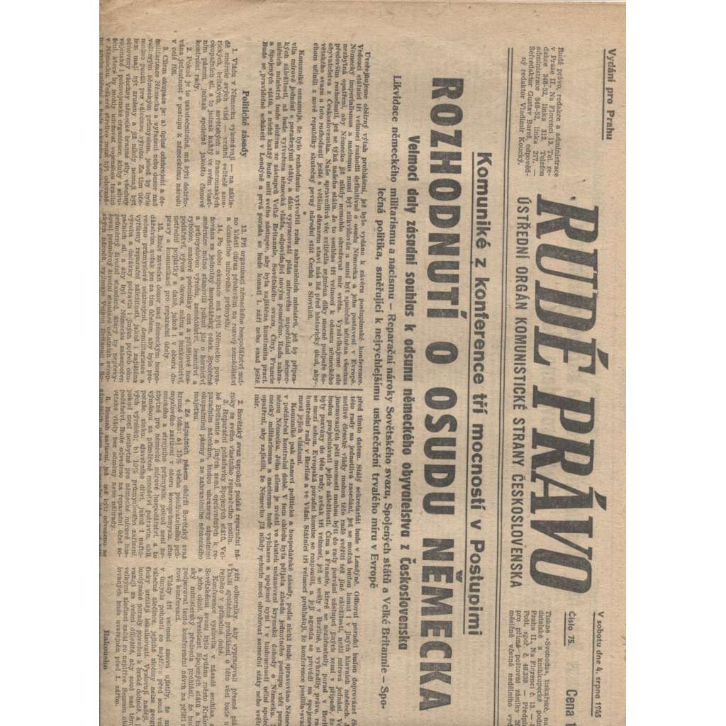Rudé právo (4.8.1945) - staré noviny