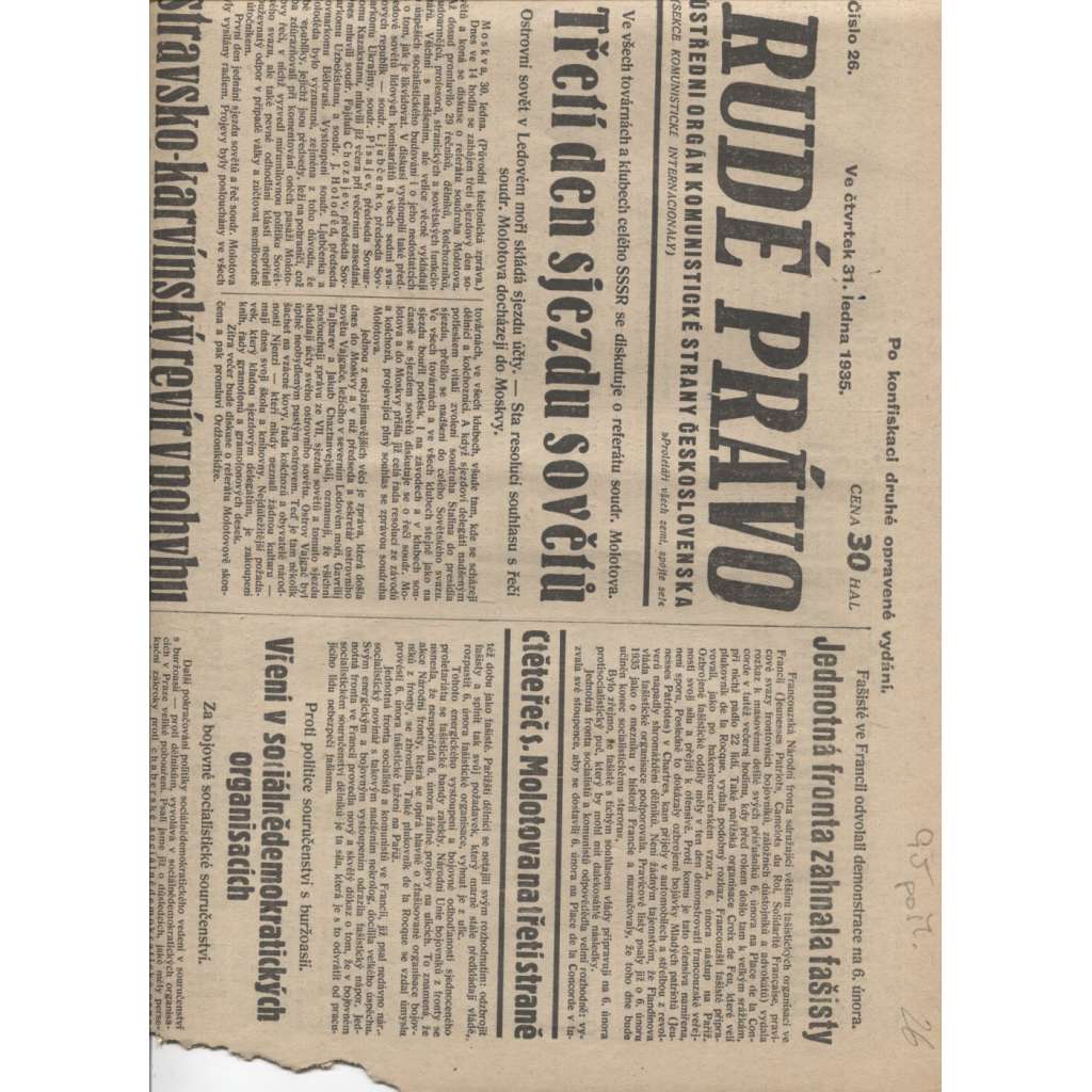 Rudé právo (31.1.1935) - 1. republika, staré noviny (pošk.)