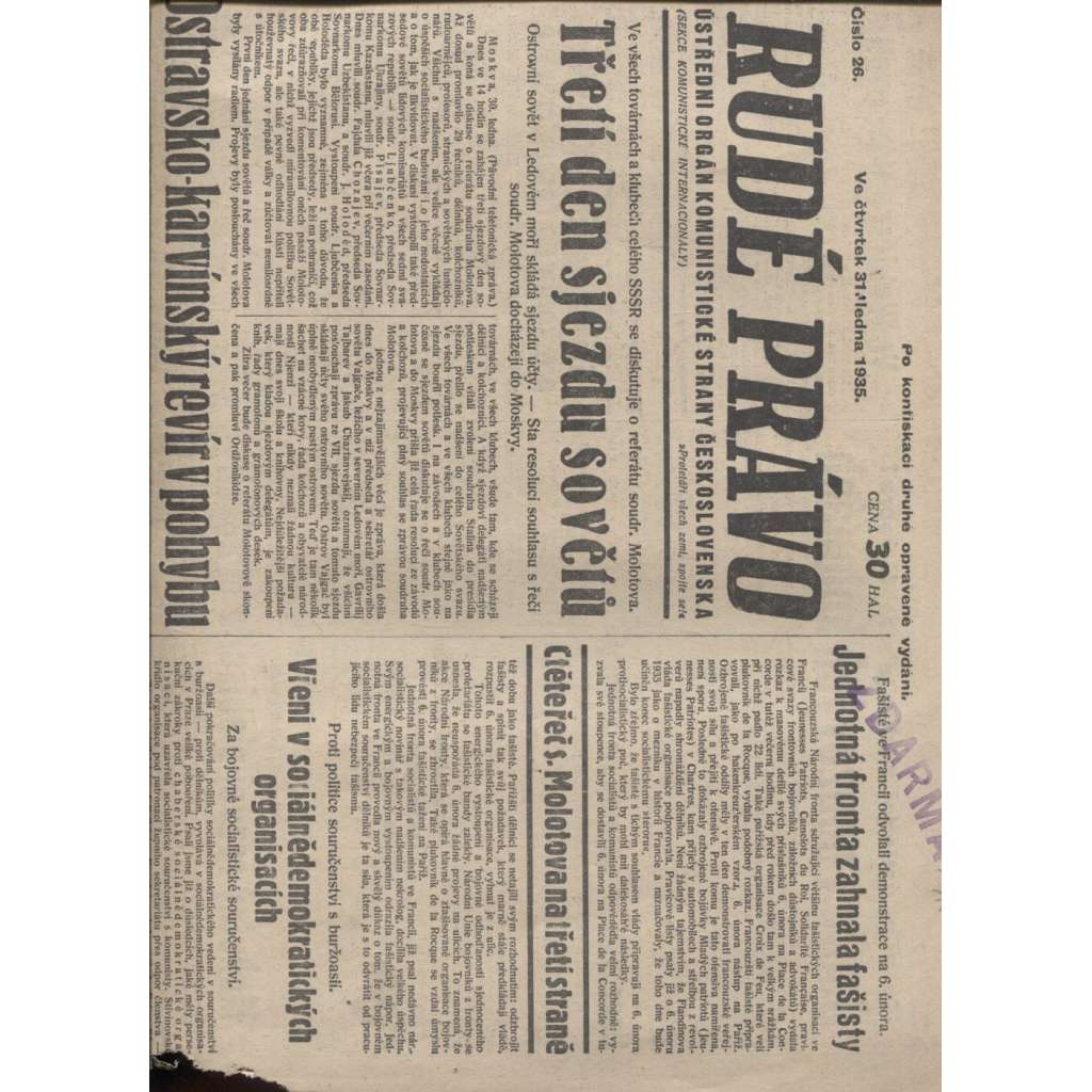 Rudé právo (31.1.1935) - 1. republika, staré noviny (pošk.)