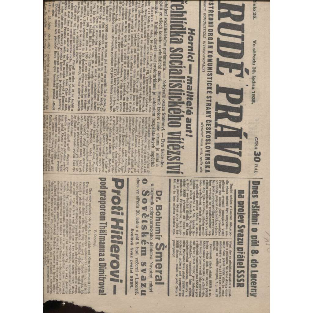 Rudé právo (30.1.1935) - 1. republika, staré noviny (pošk.)