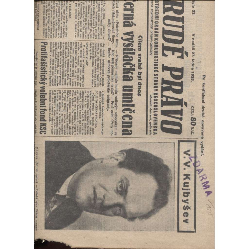 Rudé právo (27.1.1935) - 1. republika, staré noviny (pošk.)