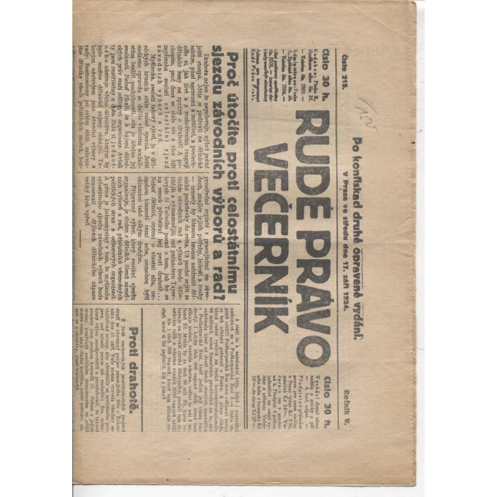 Rudé právo - večerník (17.9.1924) - 1. republika, staré noviny