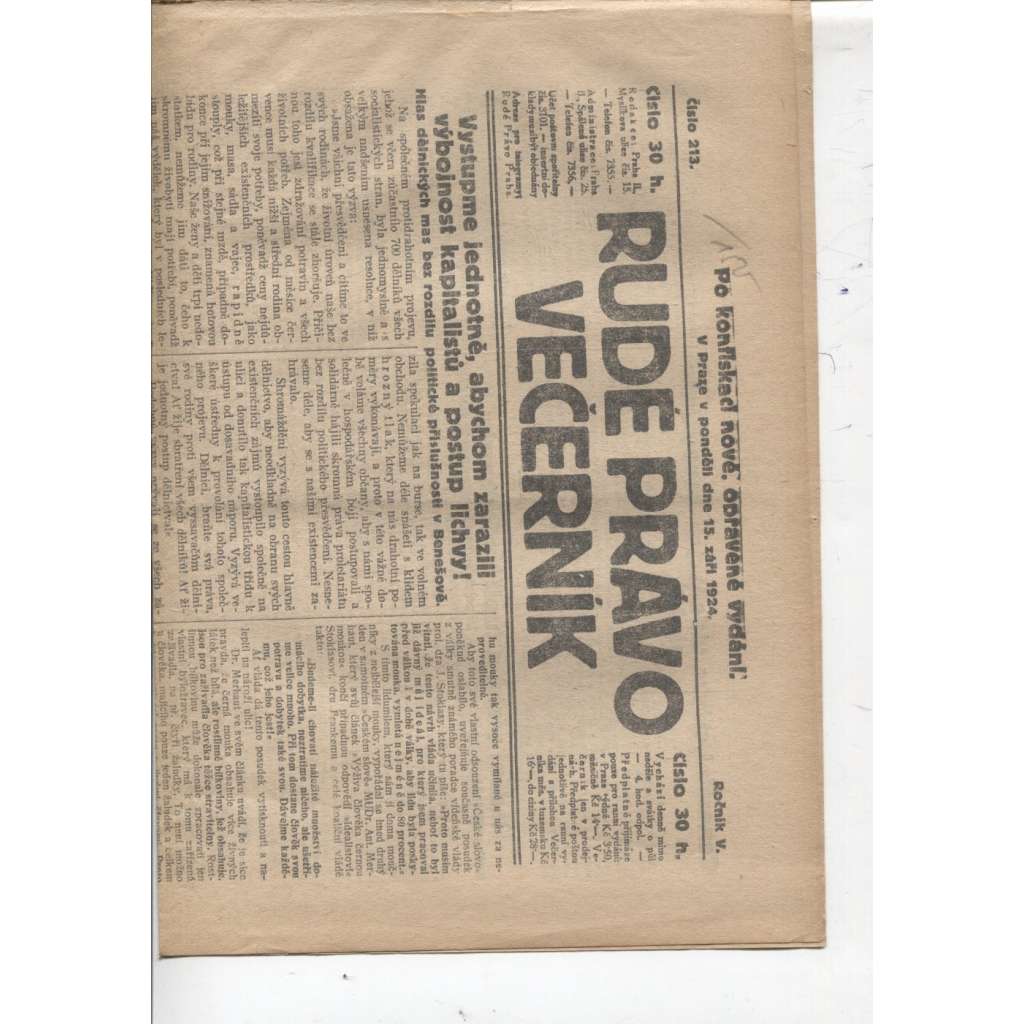 Rudé právo - večerník (15.9.1924) - 1. republika, staré noviny