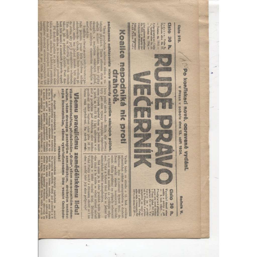 Rudé právo - večerník (13.9.1924) - 1. republika, staré noviny
