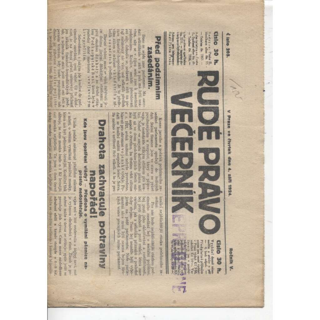 Rudé právo - večerník (4.9.1924) - 1. republika, staré noviny