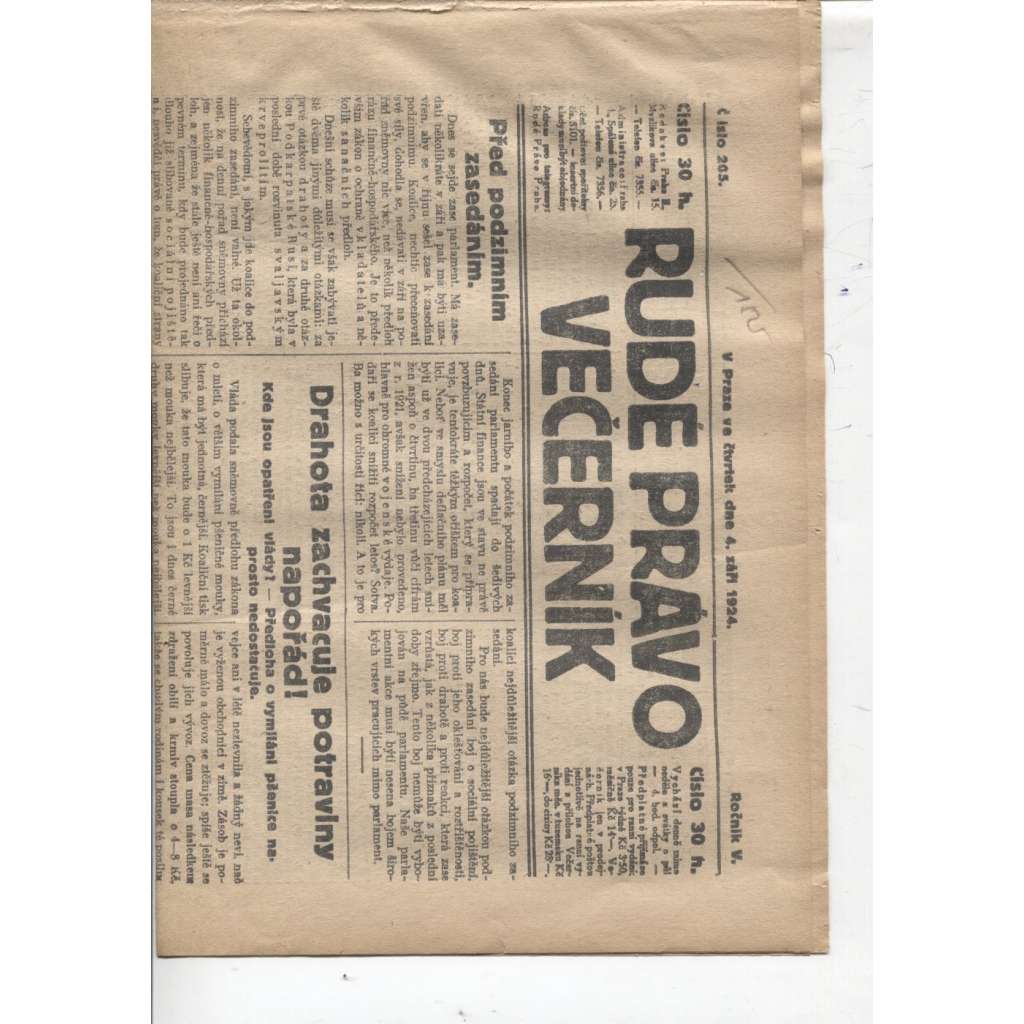 Rudé právo - večerník (4.9.1924) - 1. republika, staré noviny