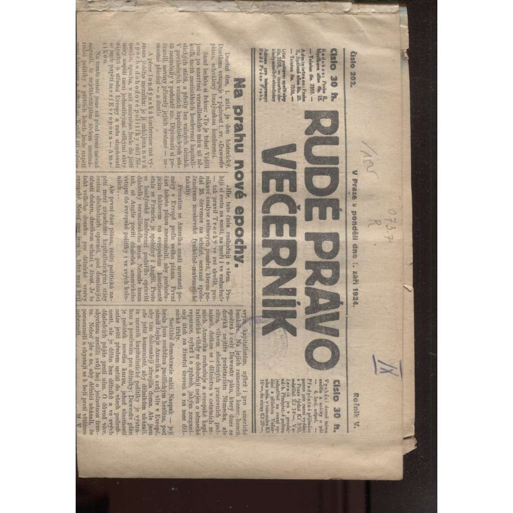Rudé právo - večerník (1.9.1924) - 1. republika, staré noviny