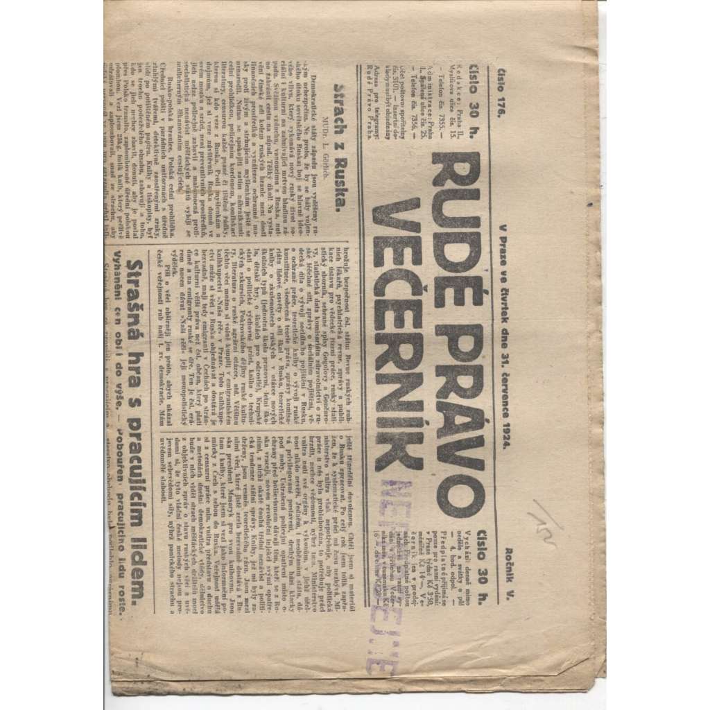 Rudé právo - večerník (31.7.1924) - 1. republika, staré noviny