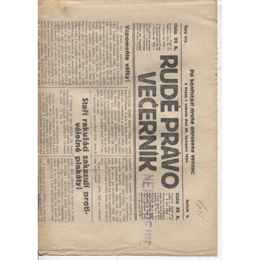 Rudé právo - večerník (26.7.1924) - 1. republika, staré noviny