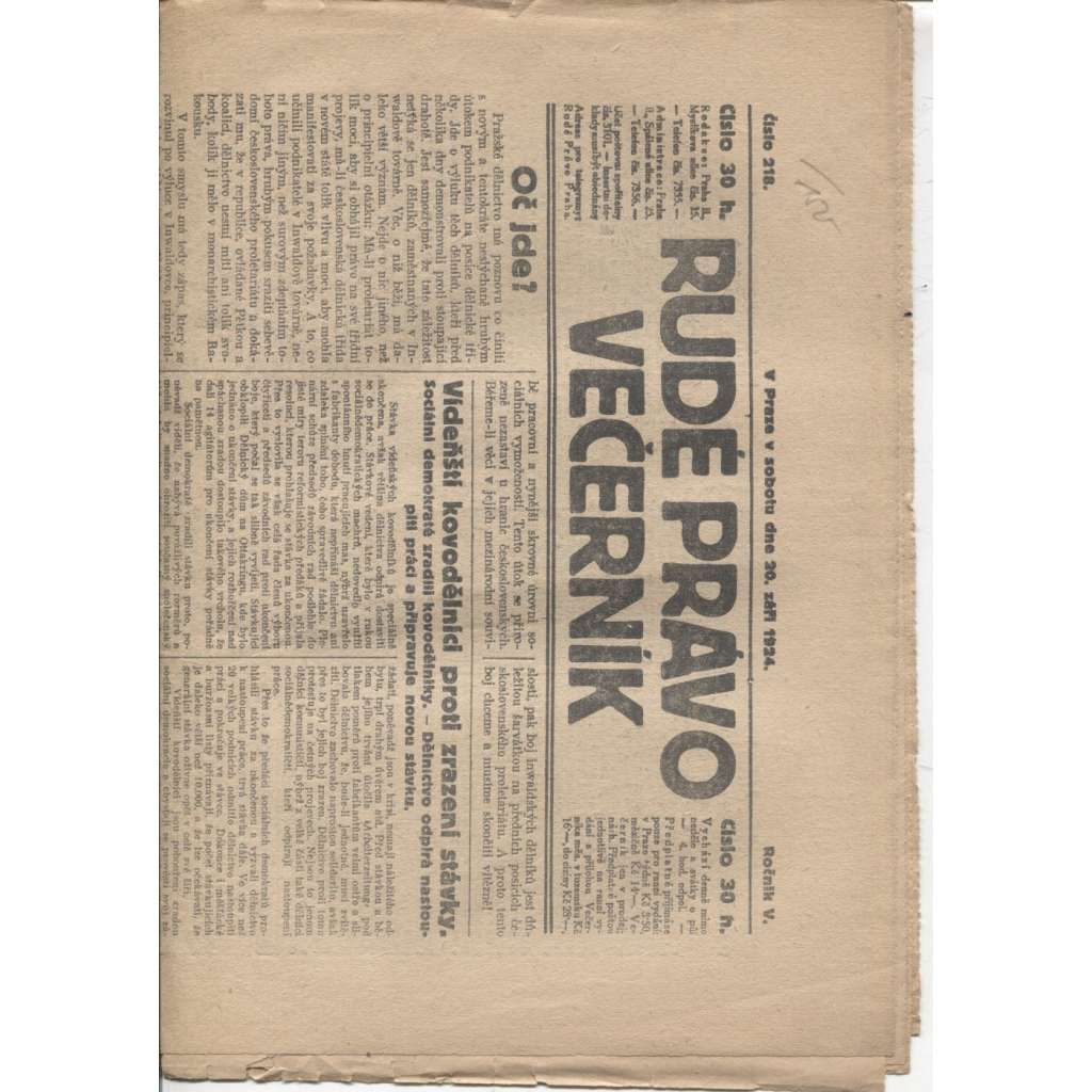 Rudé právo - večerník (20.9.1924) - 1. republika, staré noviny