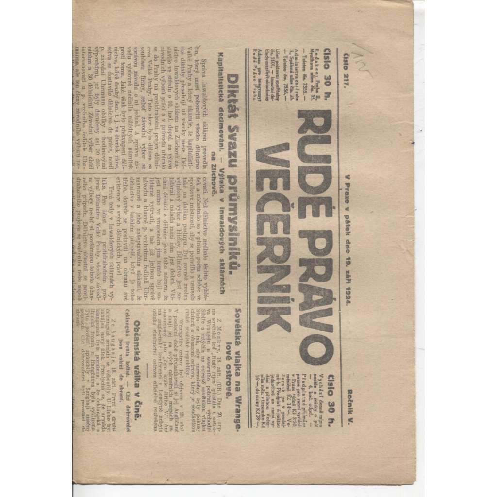 Rudé právo - večerník (19.9.1924) - 1. republika, staré noviny