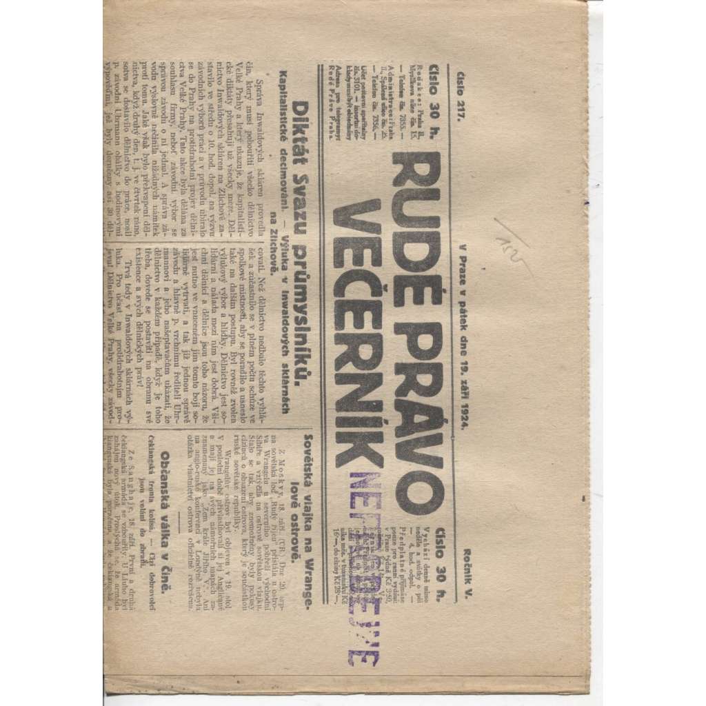 Rudé právo - večerník (19.9.1924) - 1. republika, staré noviny