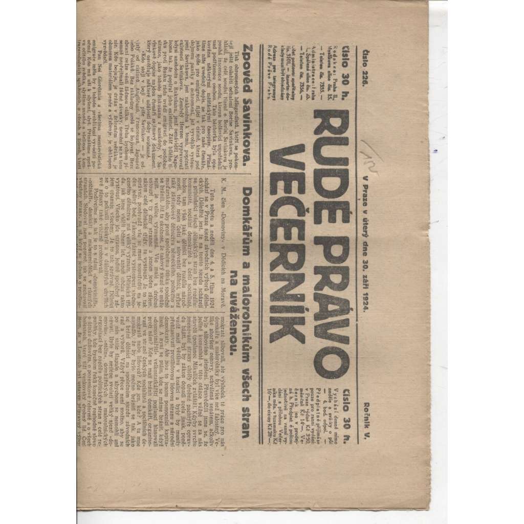 Rudé právo - večerník (30.9.1924) - 1. republika, staré noviny
