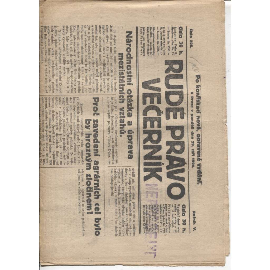 Rudé právo - večerník (29.9.1924) - 1. republika, staré noviny