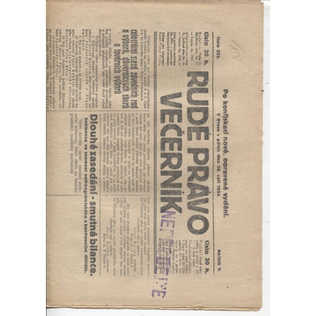 Rudé právo - večerník (26.9.1924) - 1. republika, staré noviny