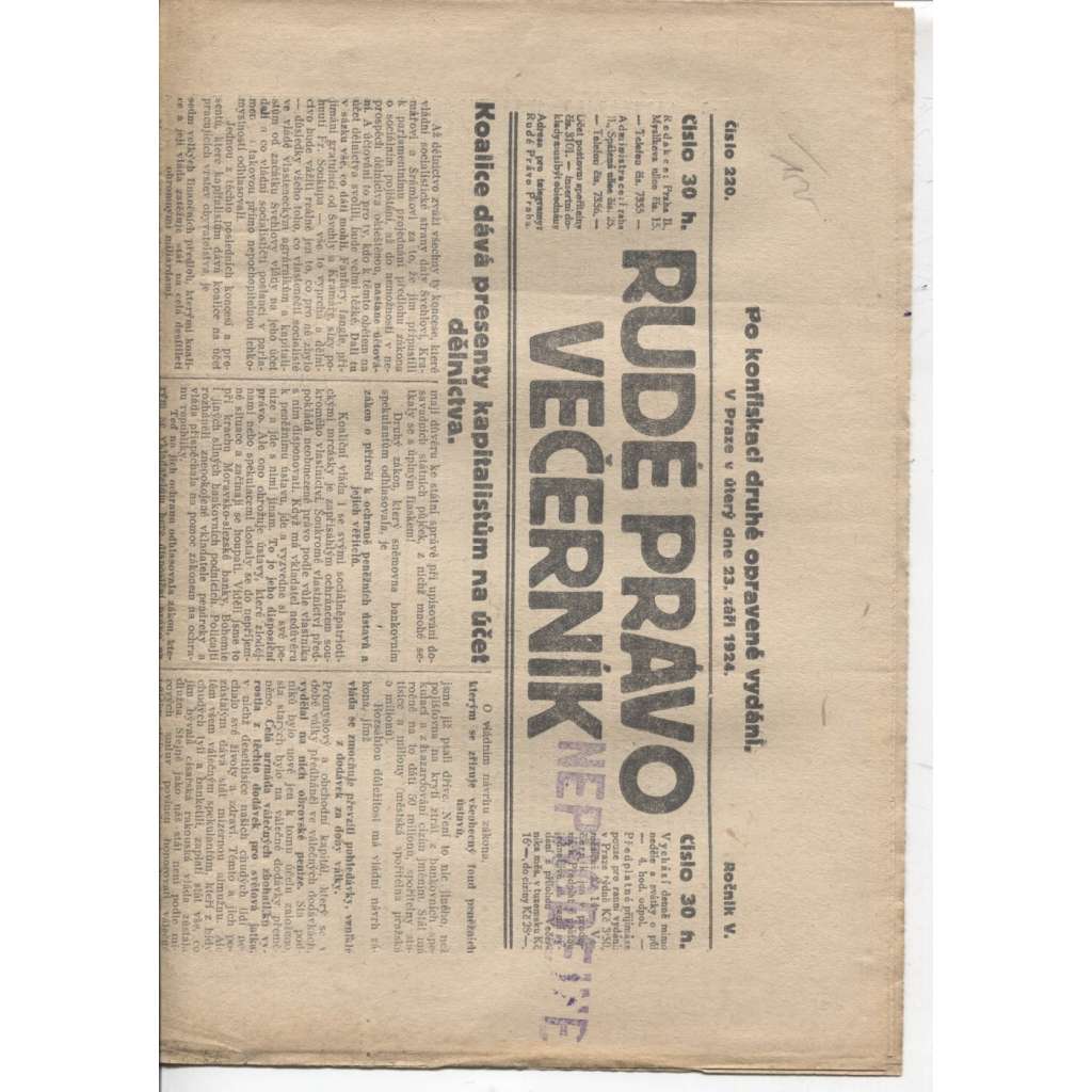 Rudé právo - večerník (23.9.1924) - 1. republika, staré noviny