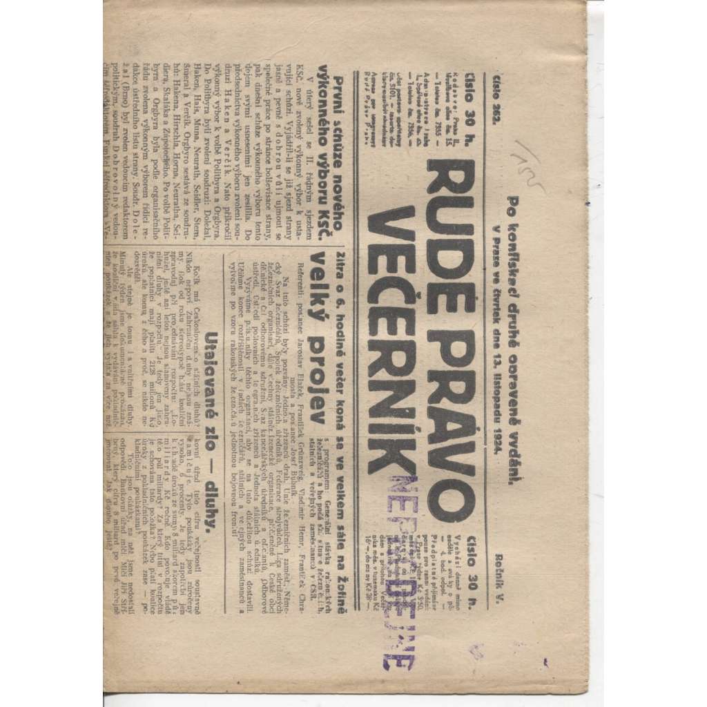 Rudé právo - večerník (13.11.1924) - 1. republika, staré noviny